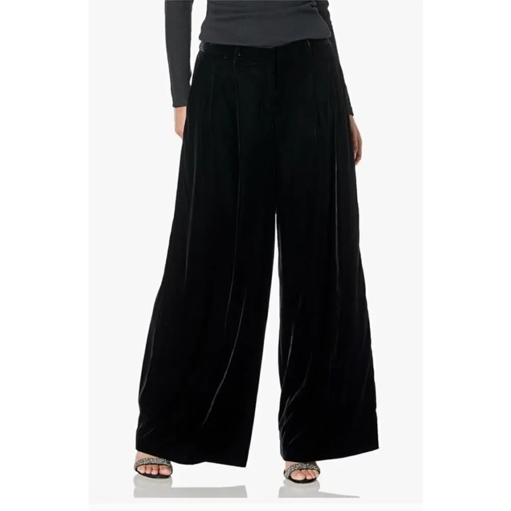 Theory Women’s Black Velvet Low Rise Wide Leg Pleated Pants Size 6